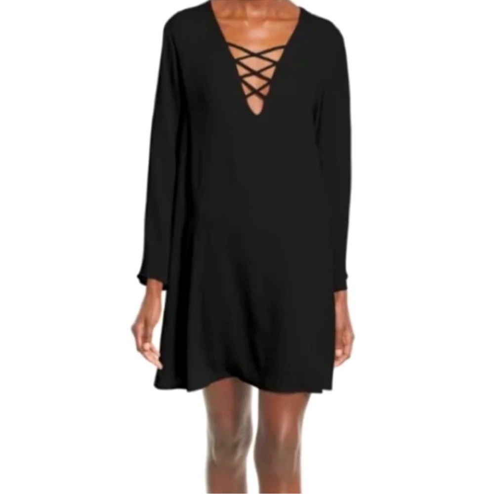 ASTR the Label Lace-Up Bell Sleeve Shift Black Mini Dress